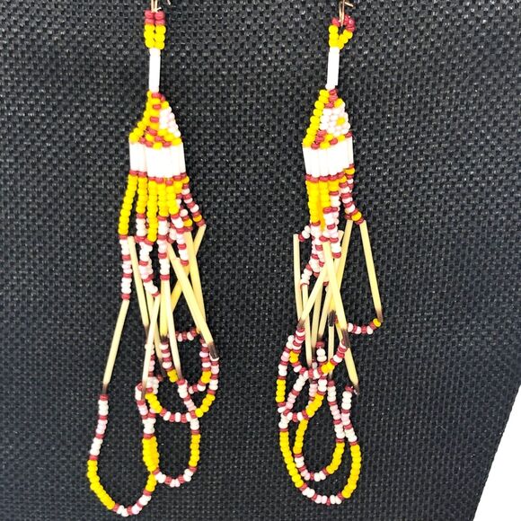 Beaded Drop Earrings Handmade Yellow Red Cream - Picture 1 of 7